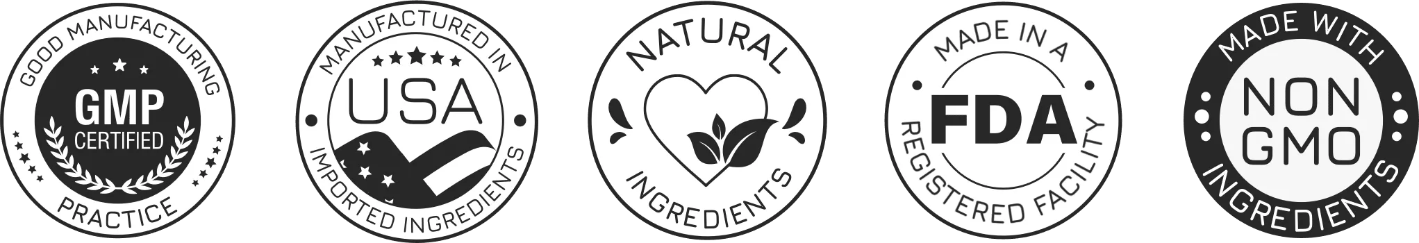 FemiCore safety certifications — Natural Formula, Non-GMO, No Stimulants, GMP Certified