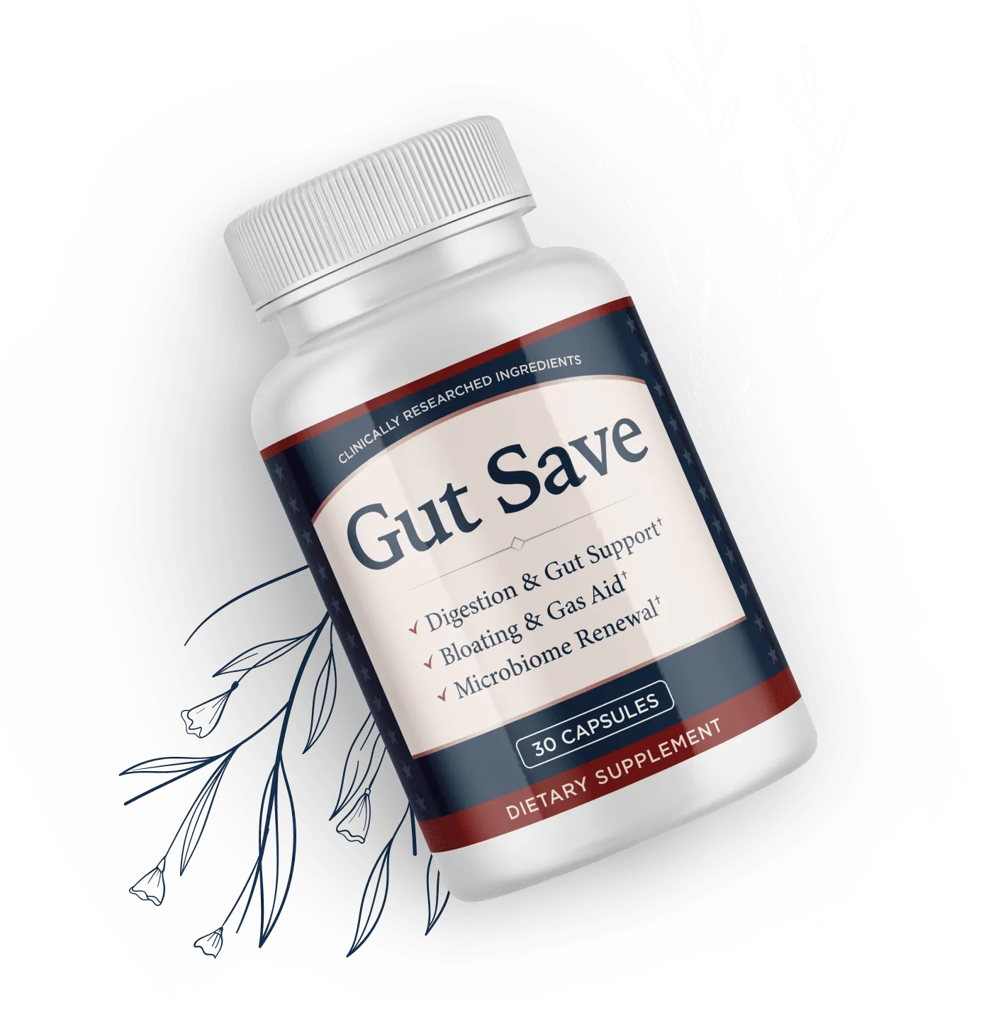 Bottle of Gut Save dietary supplement, 30 capsules, labeled for digestion and gut support
