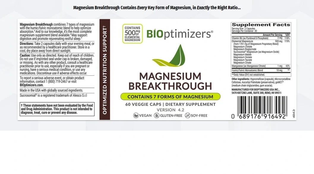 Magnesium Breakthrough Supplement Facts label