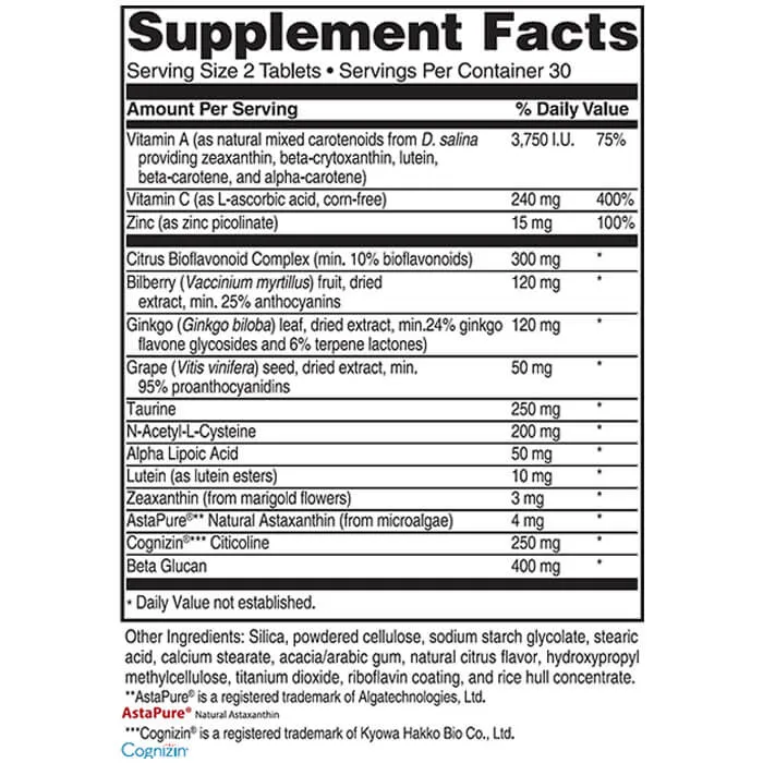 Advanced Vision Formula Supplement Facts label
