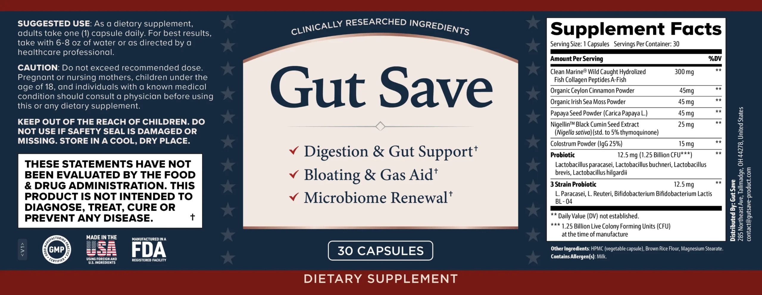 Gut Save Supplement Facts label showing fish collagen 300 mg, cinnamon, sea moss, papaya seed, black cumin, colostrum and two probiotic blends