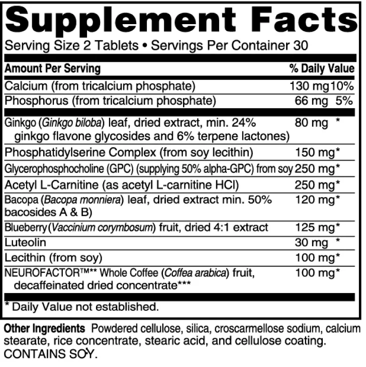 Advanced Memory Formula Supplement Facts label listing ginkgo 80 mg, phosphatidylserine 150 mg, GPC 250 mg, acetyl L carnitine 250 mg, bacopa 120 mg and other ingredients