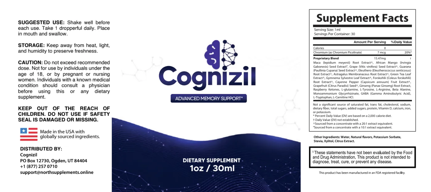 Cognizil label showing chromium 7 mcg and a 15.47 mg proprietary blend of 21 ingredients
