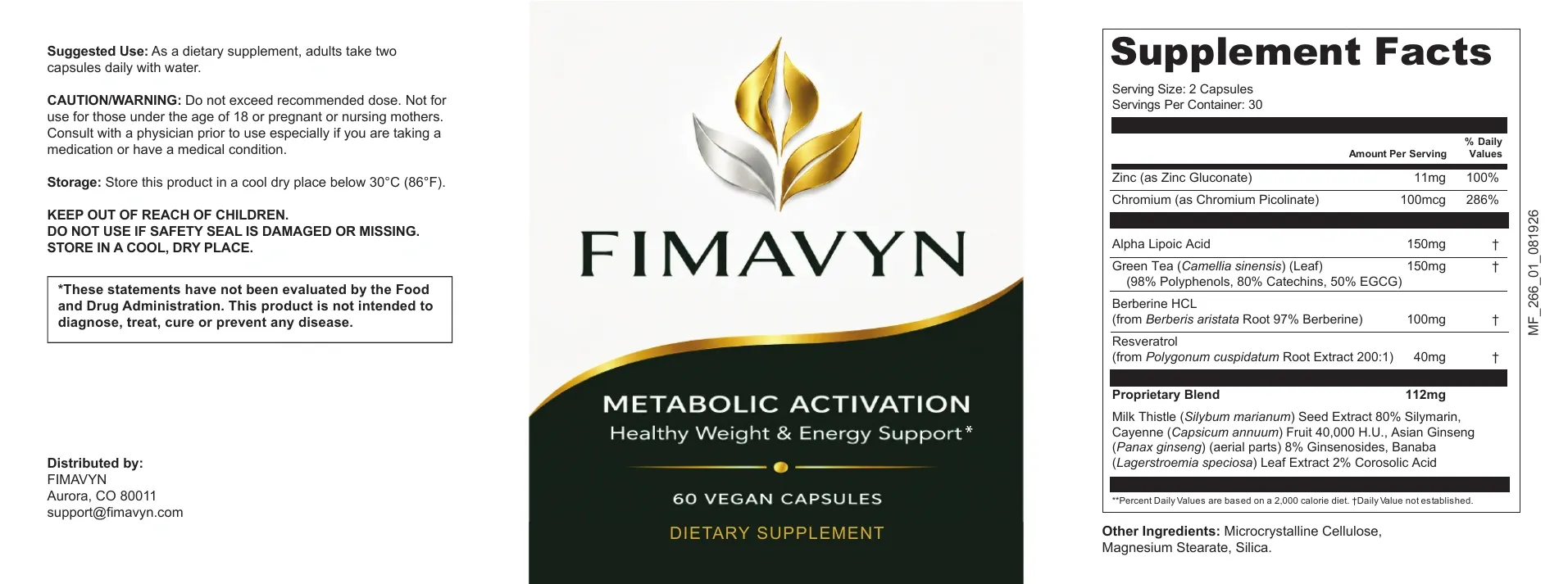 FIMAVYN label with the Supplement Facts panel
